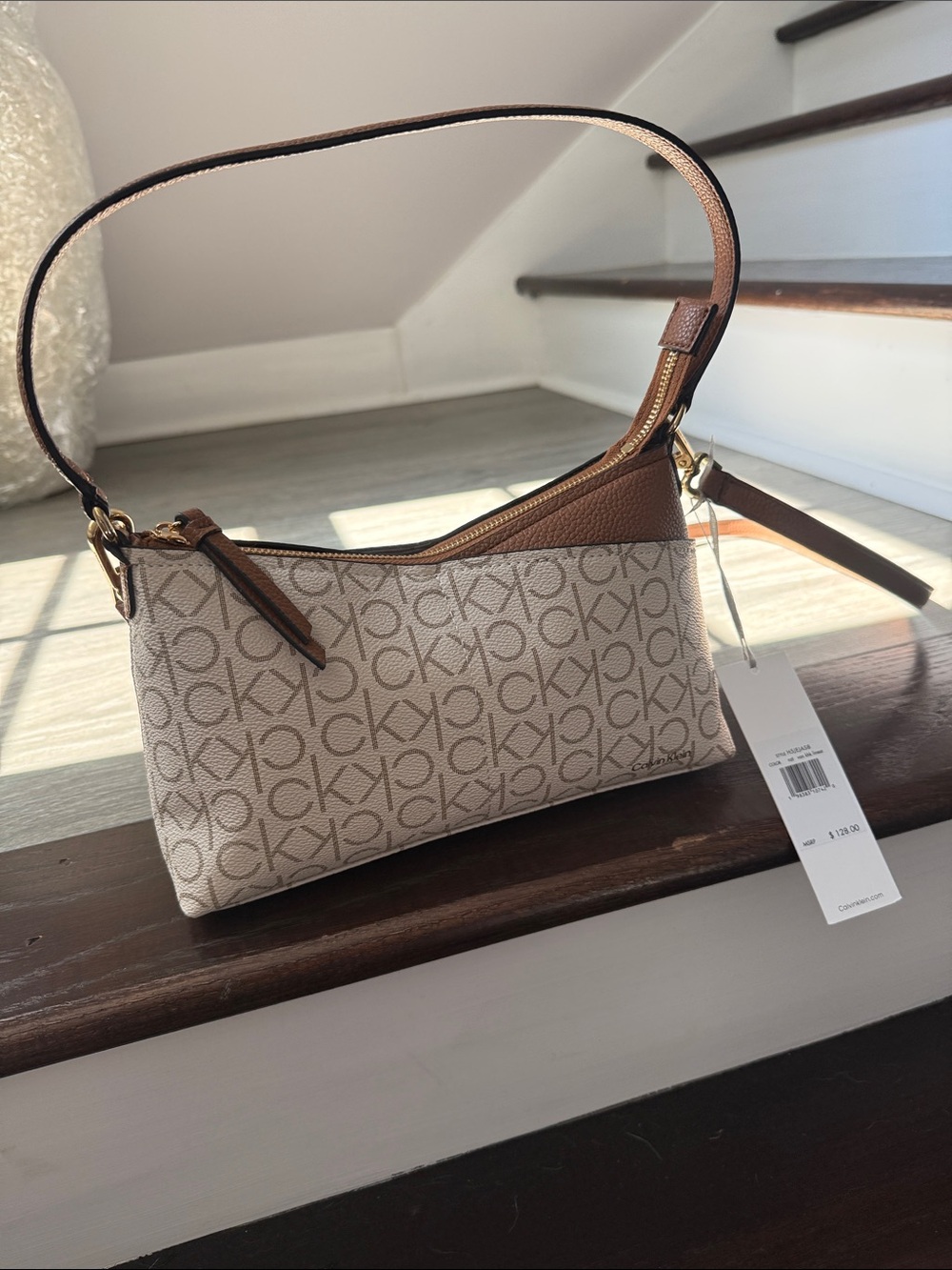 Calvin Klein Beige Monogram Shoulder Bag with Brown Trim
